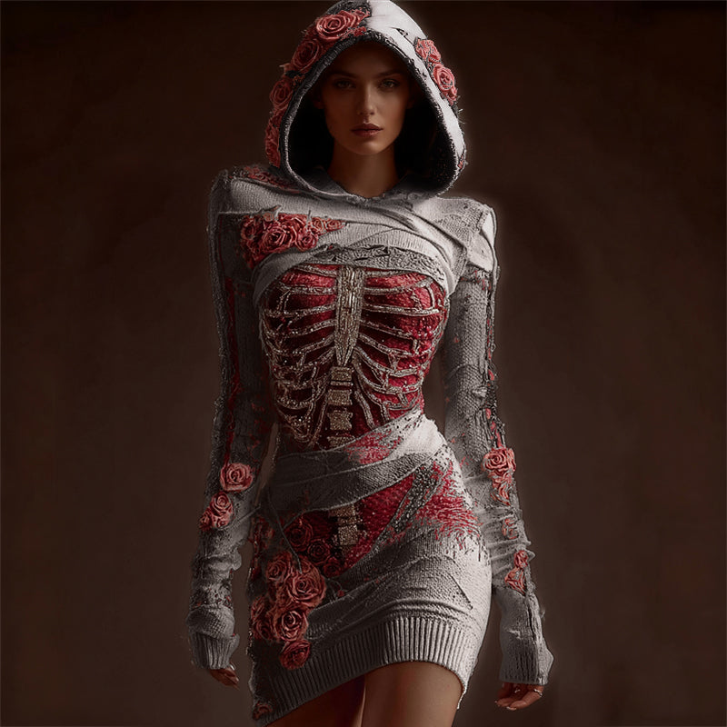 Classy Skeleton Anatomy Bloody Roses Bandages Hooded Sweater Dress artswardrobe