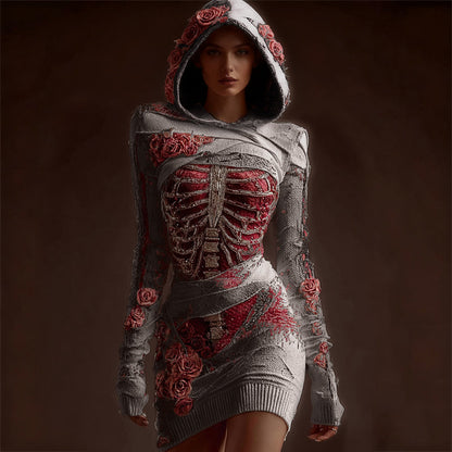 Classy Skeleton Anatomy Bloody Roses Bandages Hooded Sweater Dress artswardrobe