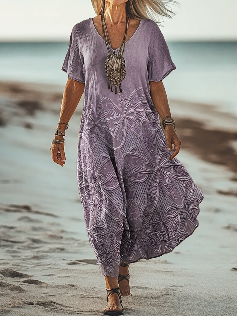 Women's Boho Vintage Floral Art Patterns Print Short Sleeve Pocket Cot