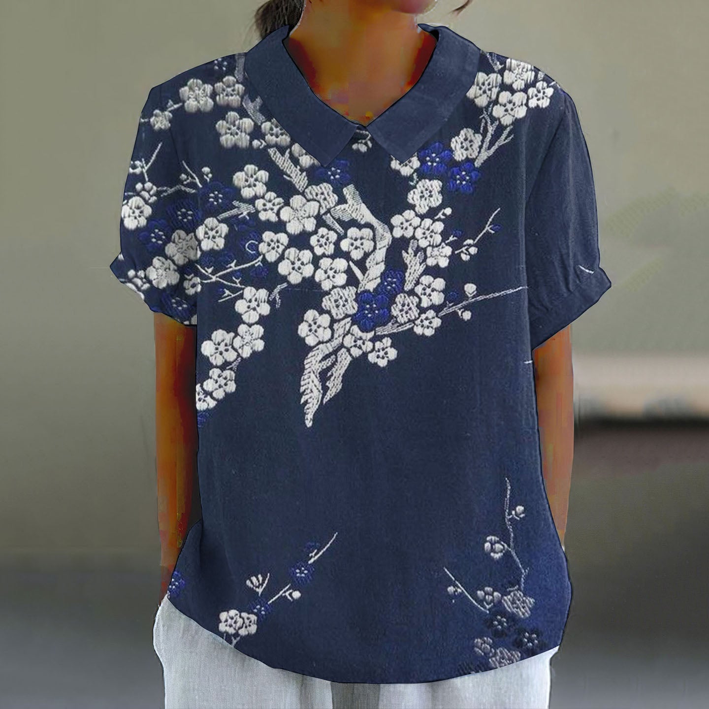 Comstylish Vintage Japanese Art Sakura Printed Casual Short Sleeve Shirt