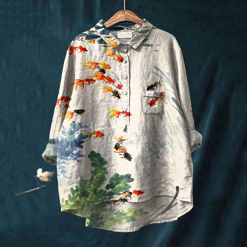 Comstylish Women's Watercolor Fish Art Print Casual Cotton And Linen Shirt