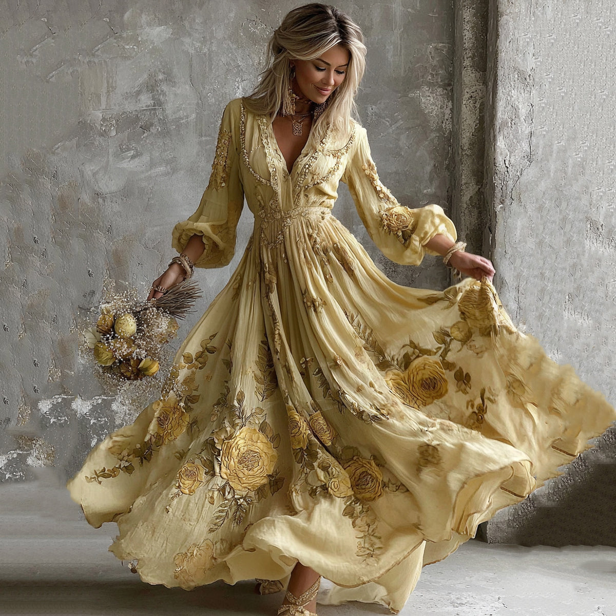 Comstylish Women's Yellow Roses And Floral Art Print V-neck Long Sleeve Maxi Dress