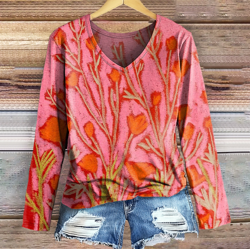 Women's Vintage Floral Art Print Casual V-neck Long Sleeve T-shirt