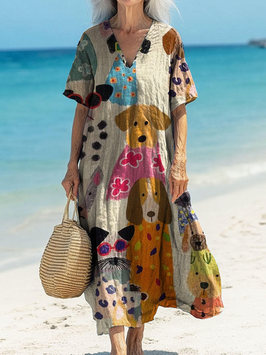 Women's Puppy Print Pocket Cotton Dress