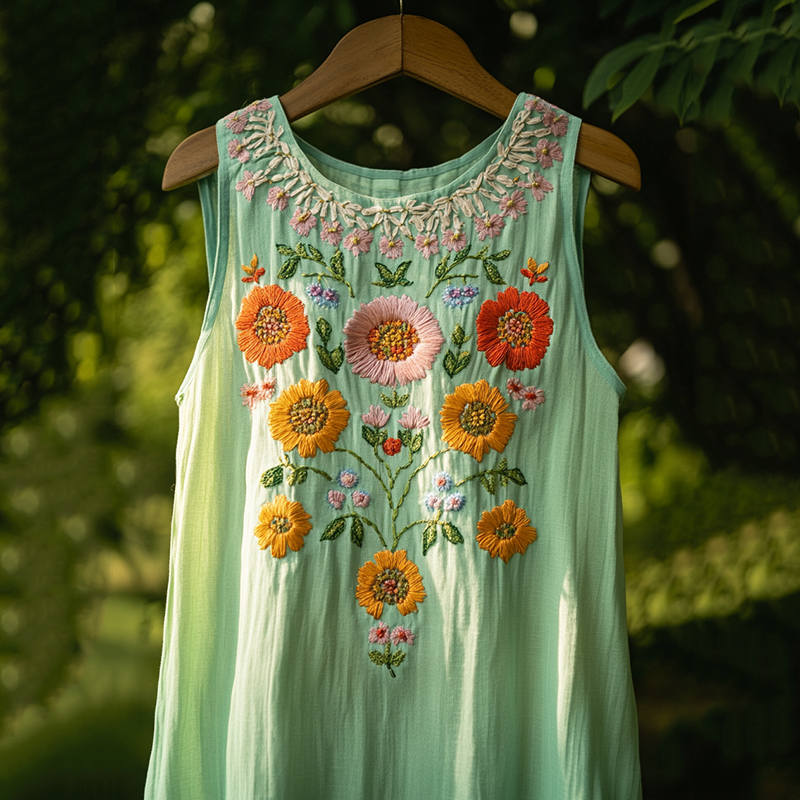 Vintage Bohemian Floral Embroidered Sleeveless Dress artswardrobe