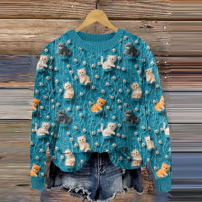 Women's Vintage Kittens Pearl Graphics Art Cozy Sweater elevenforest