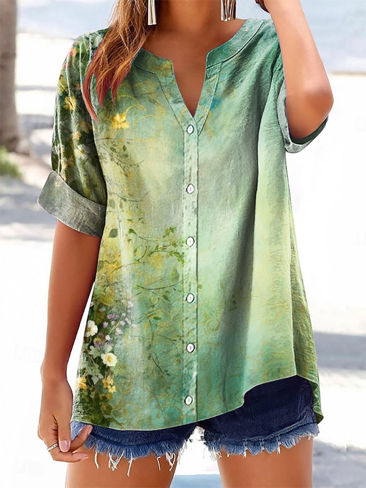 Women's Floral Pattern Art Print Casual Cotton Linen Short Sleeve Shir