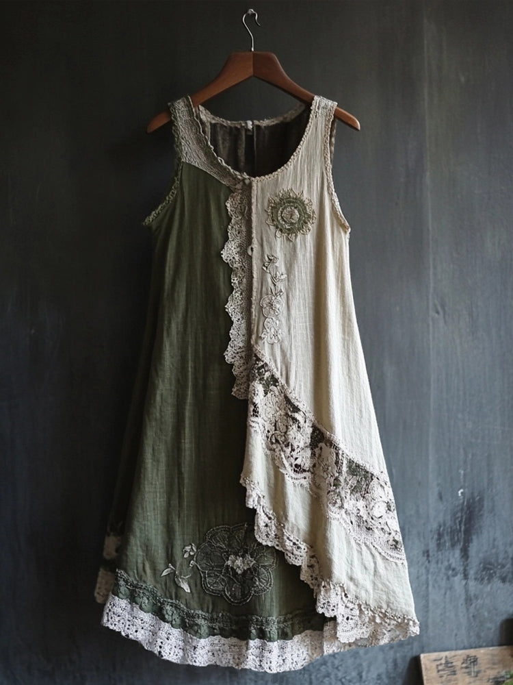 Vintage Lace Patchwork Cozy Linen Tank Dress artswardrobe