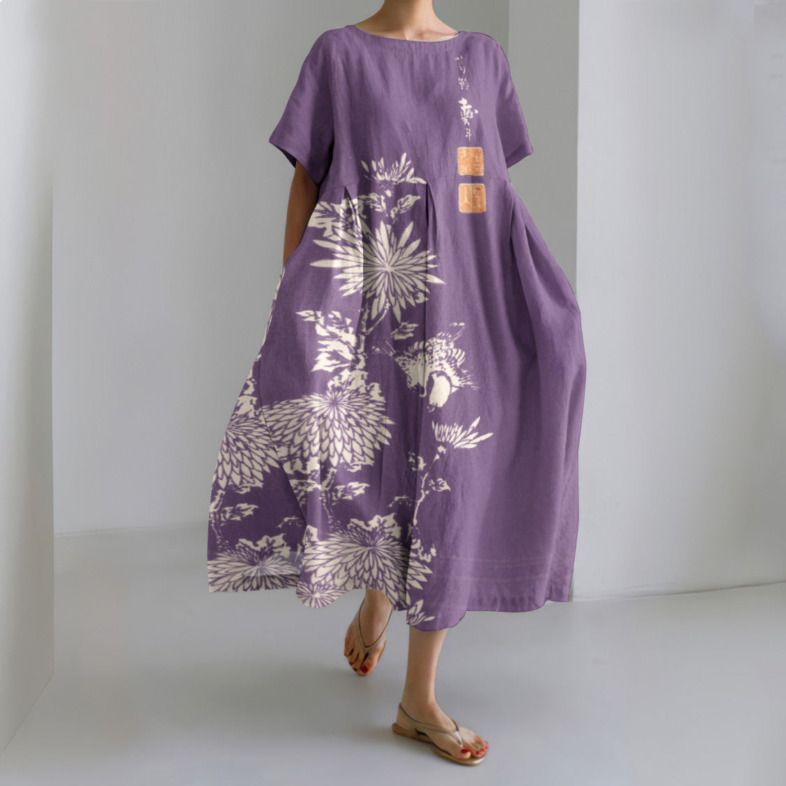 Comstylish Vintage Chrysanthemum Print Round Neck Loose Midi Dress