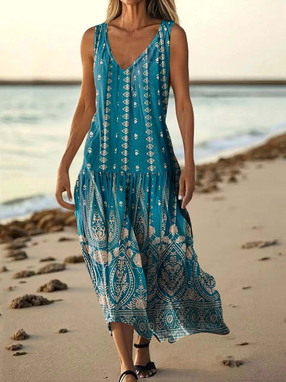 Women's Ethnic Tattoo Pattern Art Print Pocket Cotton Dresses