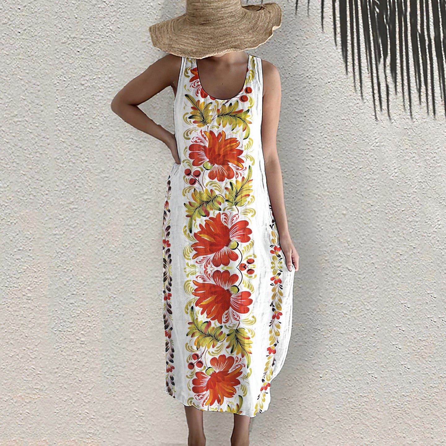 Comstylish Red Botanical Flower Pattern Sleeveless Dress