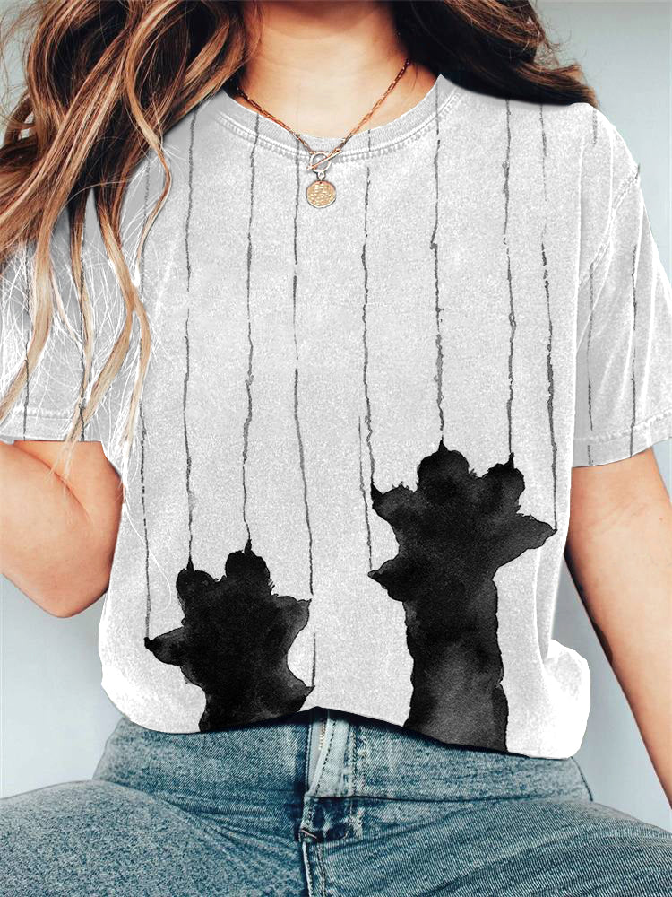Japanese Art Cat Scratch Print Cotton Blend T-Shirt elevenforest