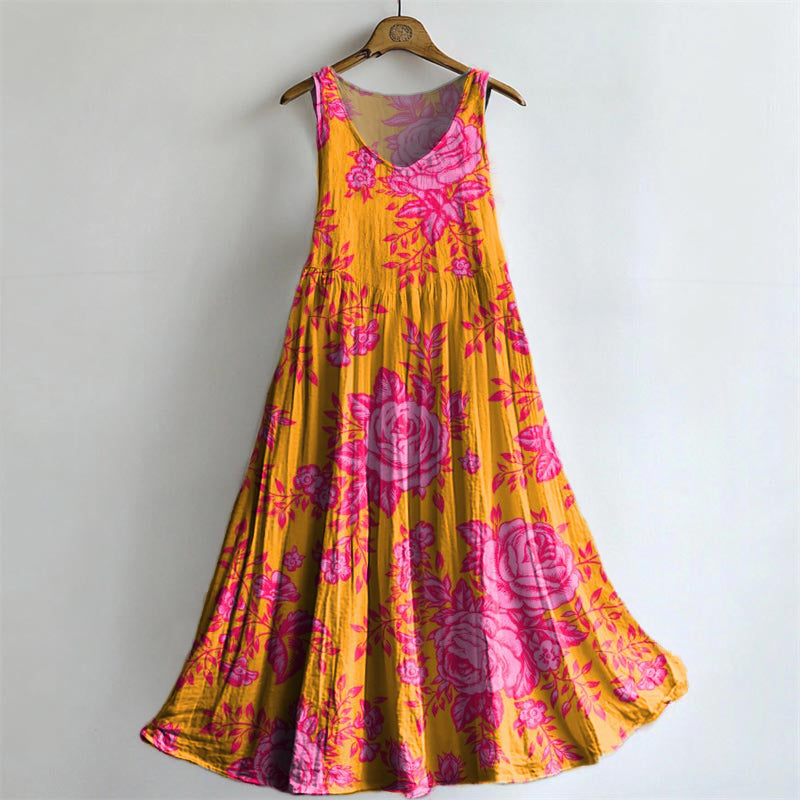 Women's Vintage Ethnic Floral Art Print Sleeveless Cotton Pocket Dress