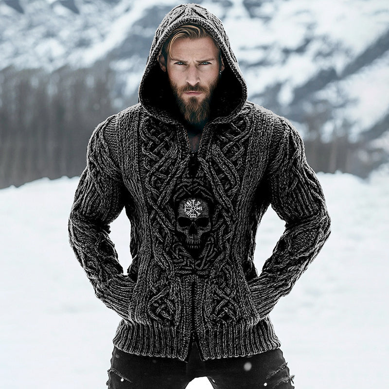 Men's Vintage Viking Runes Skull Inspired Celtic Zipper Hooded Cardigan artswardrobe