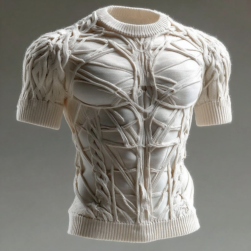 Men's Retro Muscle Art Short Sleeve Knit Sweater artswardrobe