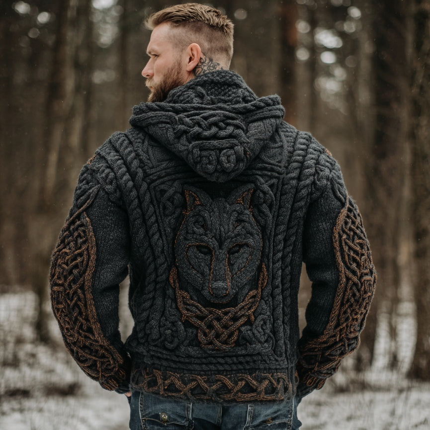 Men's Vintage Viking Wolf Celtic Knot Art Chunky Knit Hooded Zip-up Sweater artswardrobe