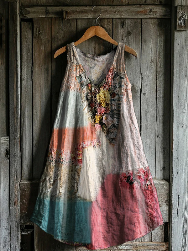 Women's Vintage Floral Collage Art Print V-neck Pocket Cotton Dress