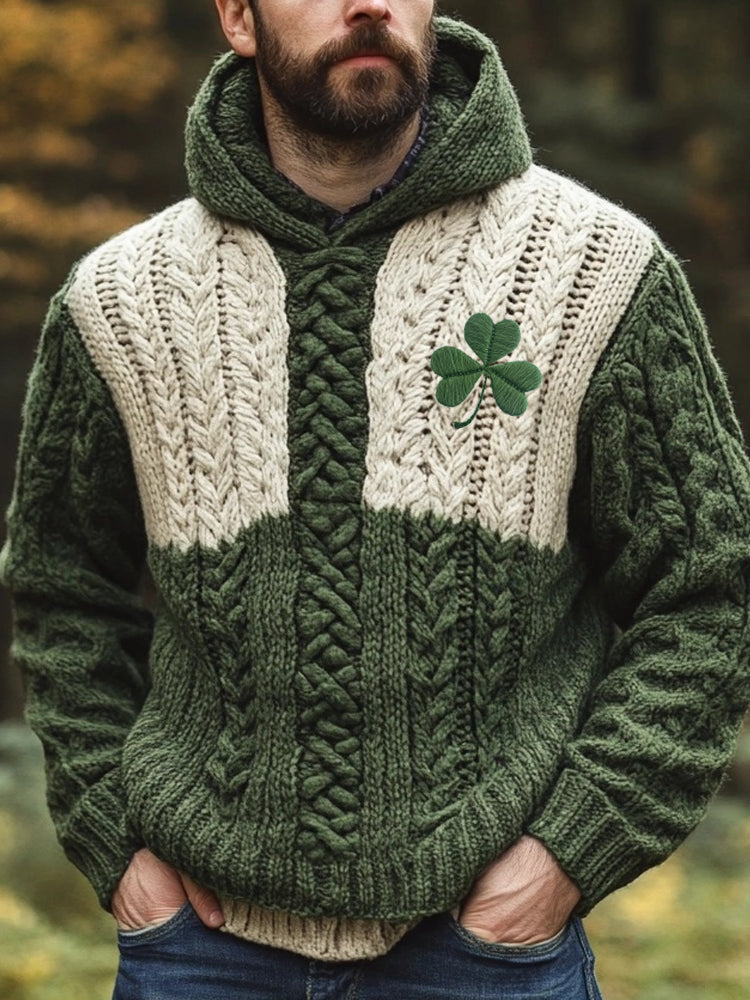 Men's Shamrock Embroidered Celtic Jacquard Contrast Color Hooded Sweater artswardrobe