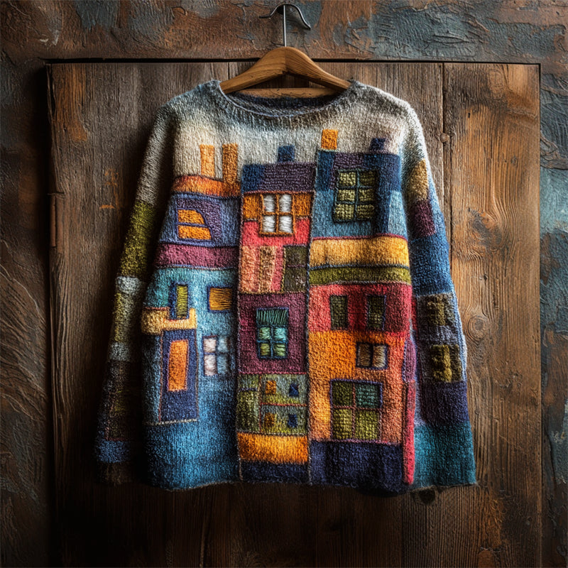 Colorful Street Building Inspired Colorblock Cozy Knit Sweater artswardrobe