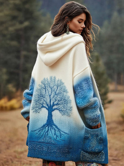 Comstylish Women's Viking Floral And Life Of Tree Art Knitted Cozy Hooded Cardigan