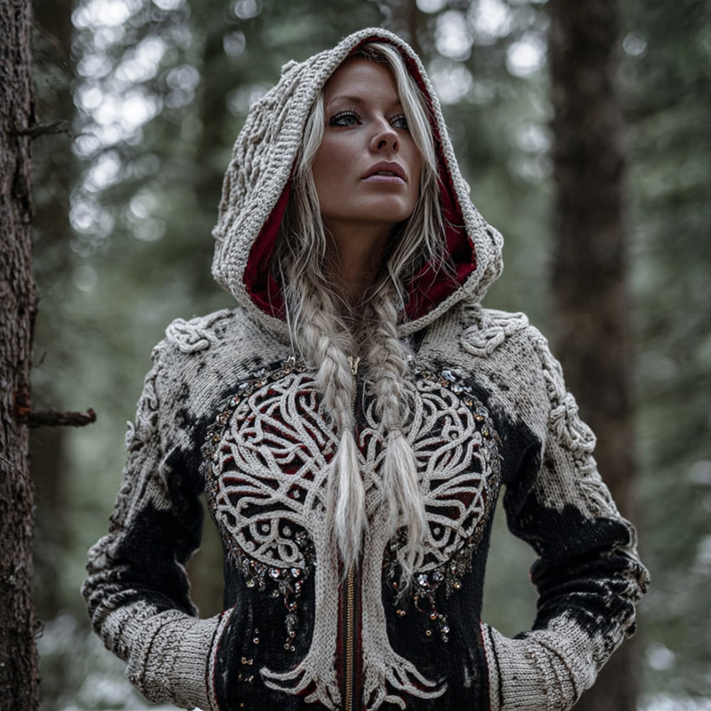Women's Viking Style Tree Of Life Warm Cardigan Sweater artswardrobe