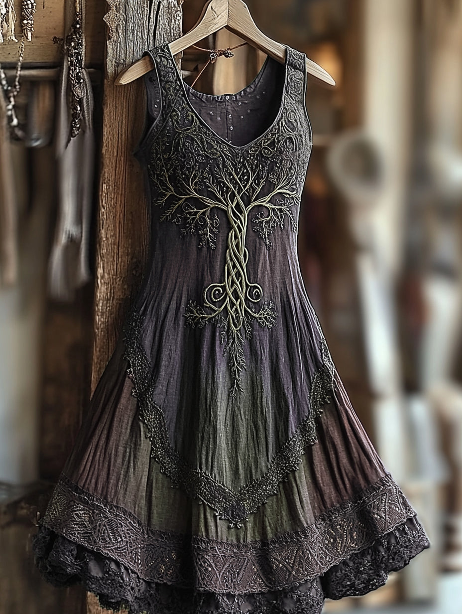 Women's Vintage  Viking Tree Of Life Gradient Linen Dress artswardrobe