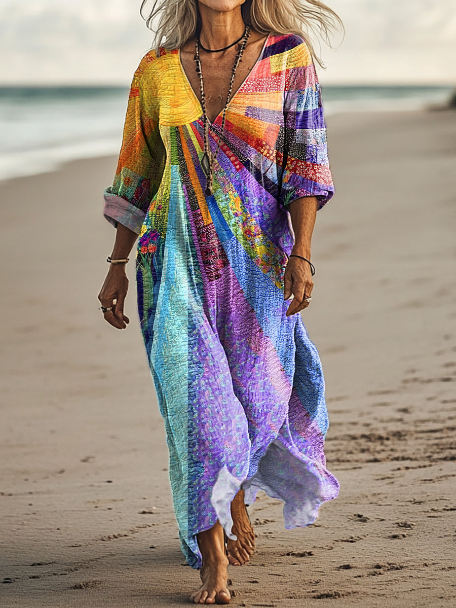 Women's Colorful Sun Collage Art Print Pocket Cotton Dress