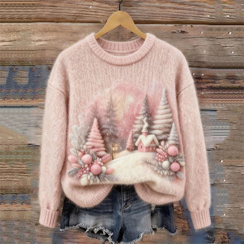 Pink Christmas Snowy Landscape Felt Art Cozy Sweater artswardrobe