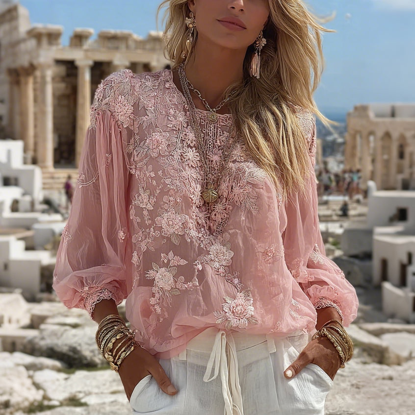 Women's Vintage Floral Art Print Comfy Long Sleeve T-shirt elevenforest