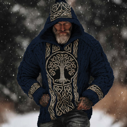 Men's Viking Style Tree Of Life White Thick Needle Hooded Sweater artswardrobe