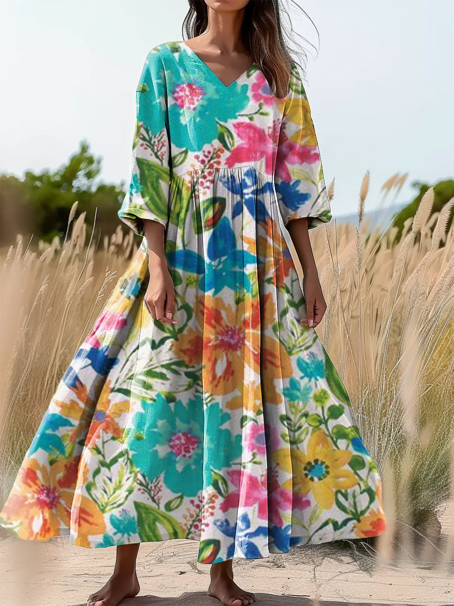 Women's Floral Art Print Flowy V-Neck Cotton Dress