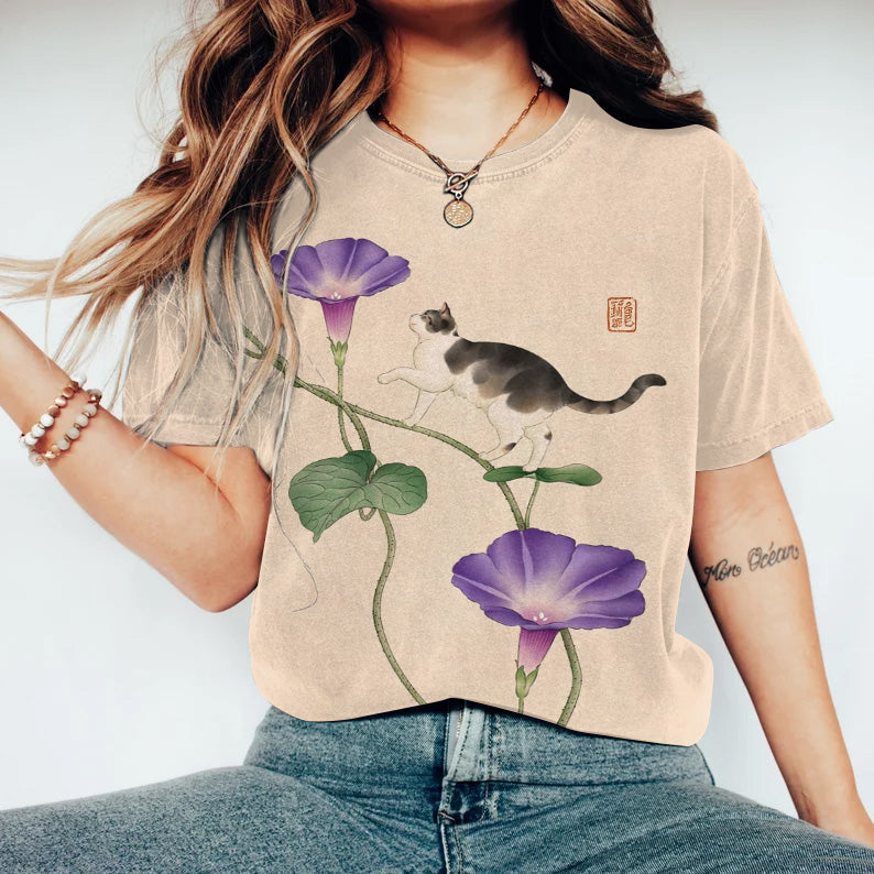 Japanese Art Cat Walking On Flowers Painting Print Crew Neck T-Shirt elevenforest