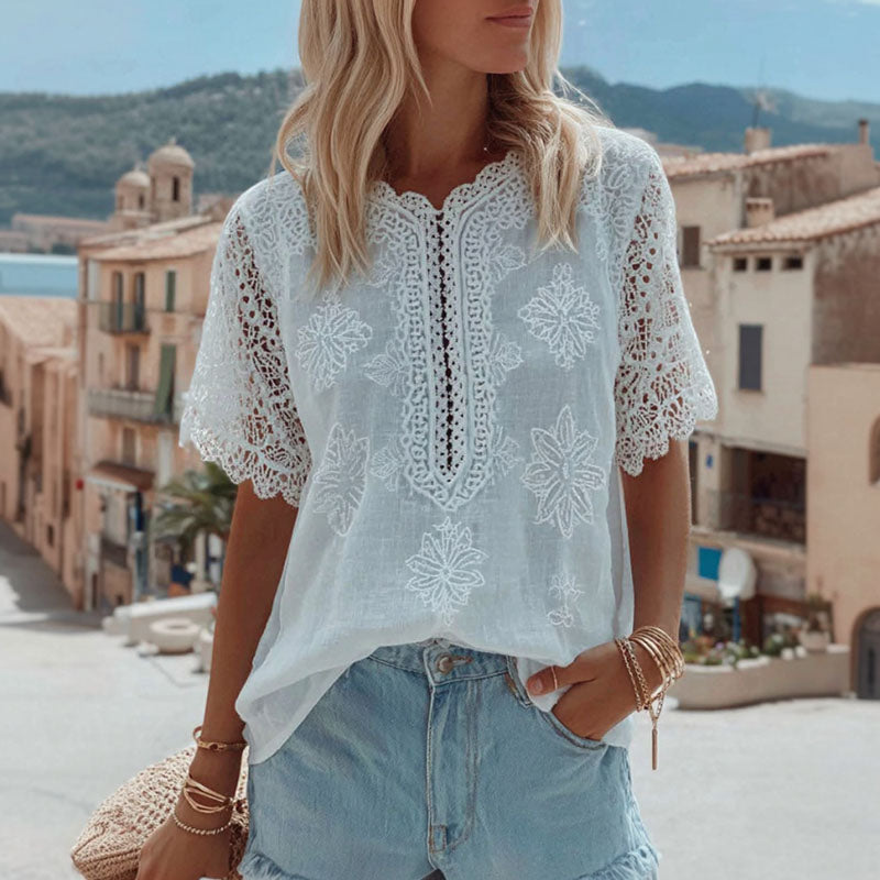 Women's Lace Embroidered Floral Linen Crew Neck T-shirt elevenforest