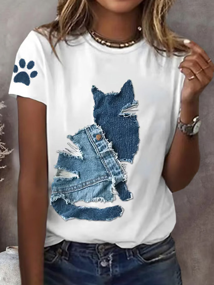Women's Retro Funny Denim Patch Animal Cat Print T-shirt elevenforest