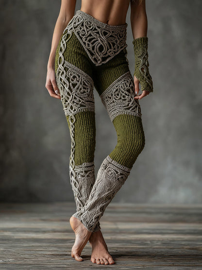 Vintage Viking Celtic Knot Art Knit Jacquard Cozy Leggings artswardrobe