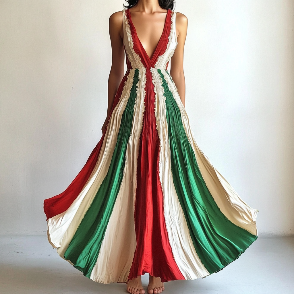 Women's Vintage Italian Flag Pattern V-neck Dress artswardrobe