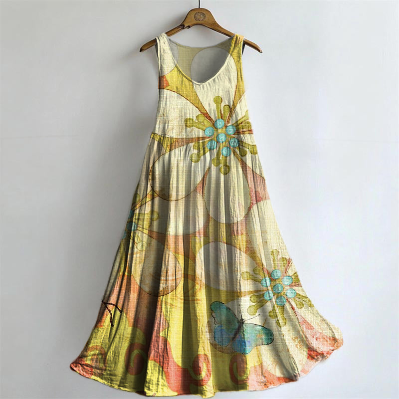 Women's Vintage Floral Art Print Crew Neck Sleeveless Cotton Pocket Dr