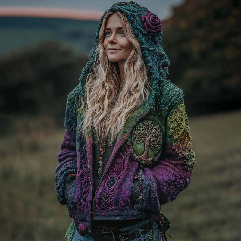 Women's Vintage Life Of Tree Gradient Art Knit Cozy Hooded Sweater artswardrobe