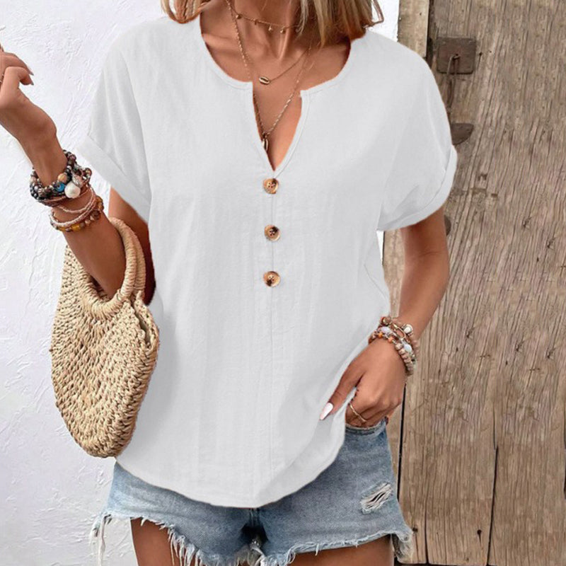 Women's Solid Color Button Linen V-neck T-shirt artswardrobe