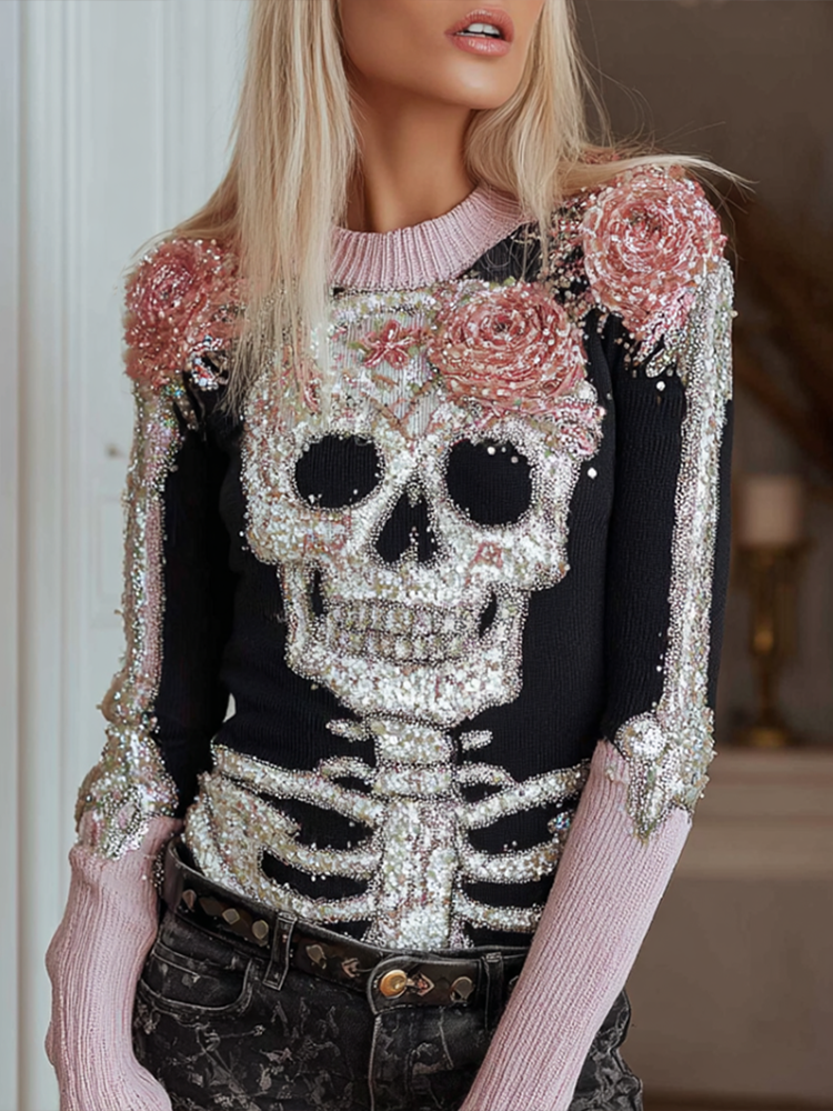 Comstylish Halloween Skeleton And Plant Flower Pattern Combined Design Women's Knitted Sweater