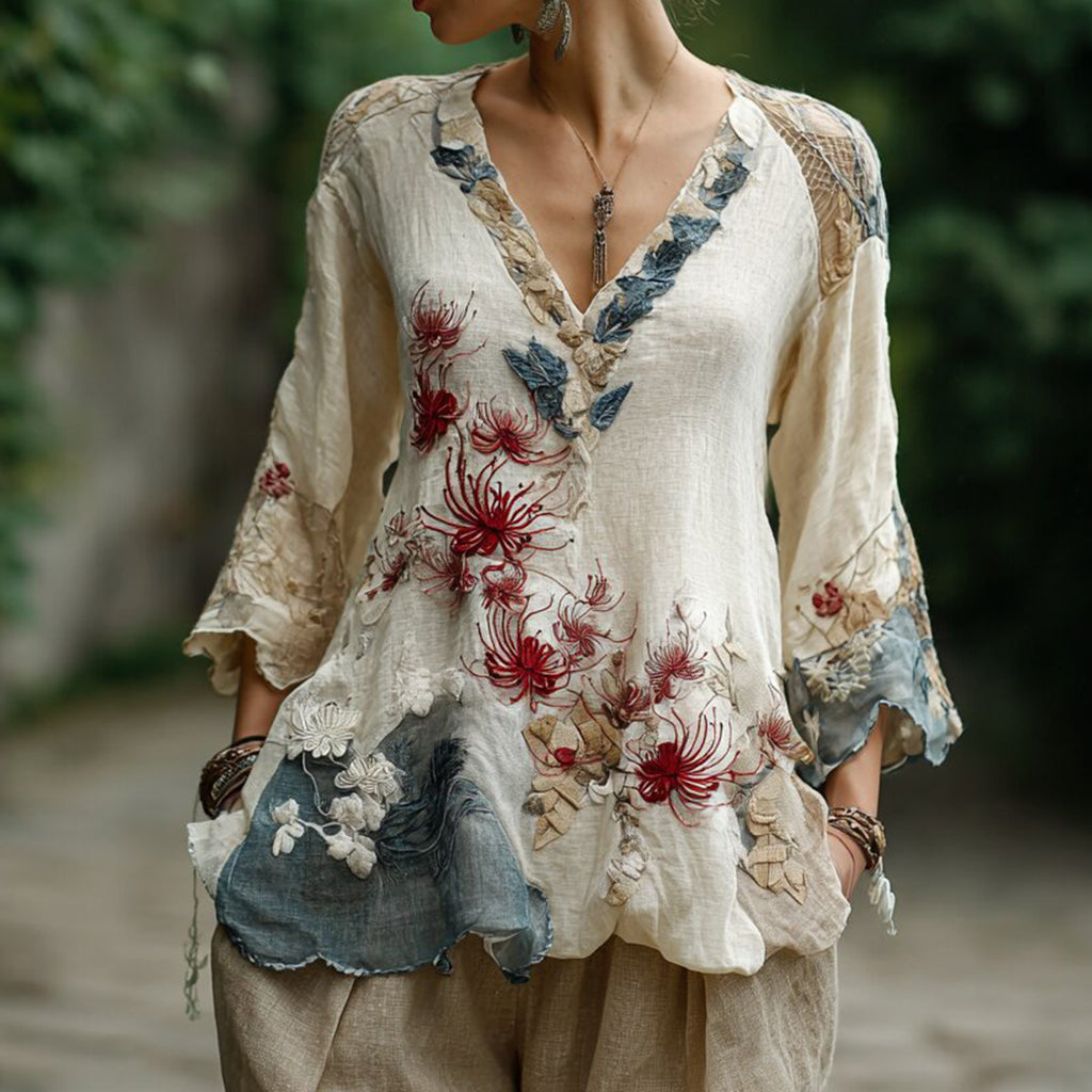 Comstylish Women's Japanese Spider Lily Embroidered Cotton And Linen V-neck Shirt