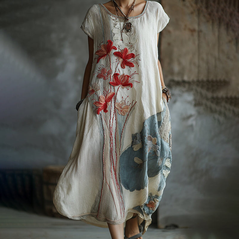 Comstylish Women's Vintage Red Spider Lily Embroidery Cotton And Linen Round Neck Dress