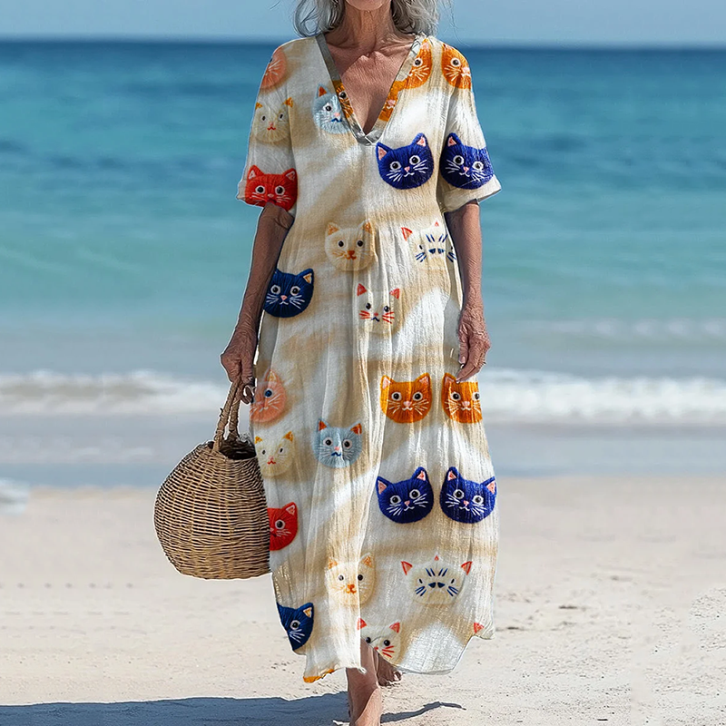 Vintage Cute Cat Embroidered In Gradient Art Cozy Linenart Women's Maxi Dress elevenforest