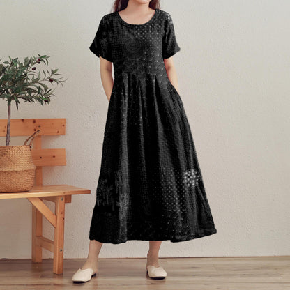 Comstylish Vintage Japanese Traditional Sashiko Art Linen Maxi Dress