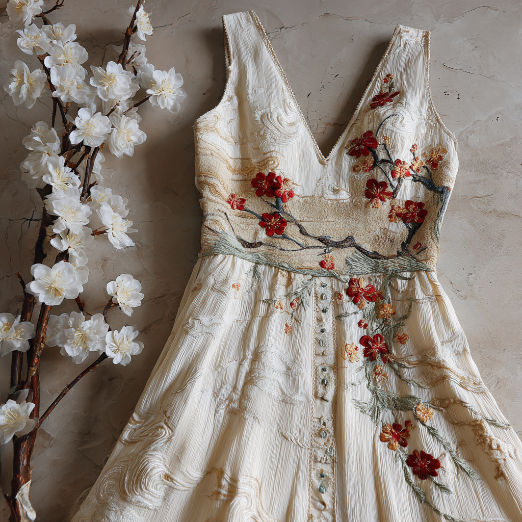 Comstylish Women's Vintage Cherry Blossom Embroidery Marble Pattern Sleeveless Midi Dress