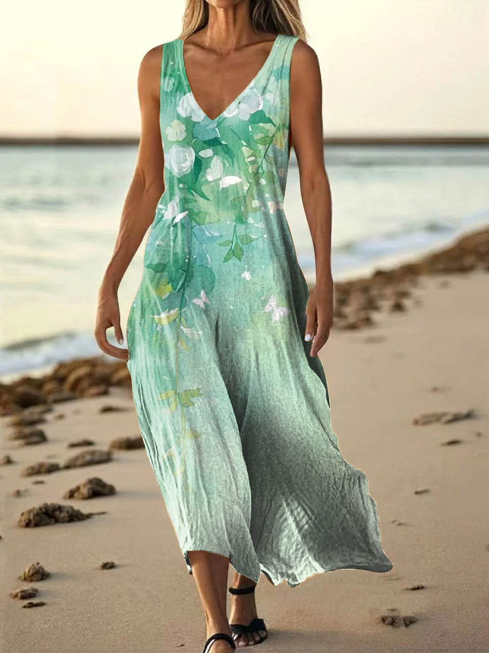 Women's Vintage Floral Art Print Pocket Cotton Dress