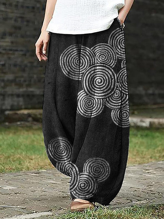 Comstylish Sea Waves Ripples Japanese Lino Art Flowy Wide Leg Pants