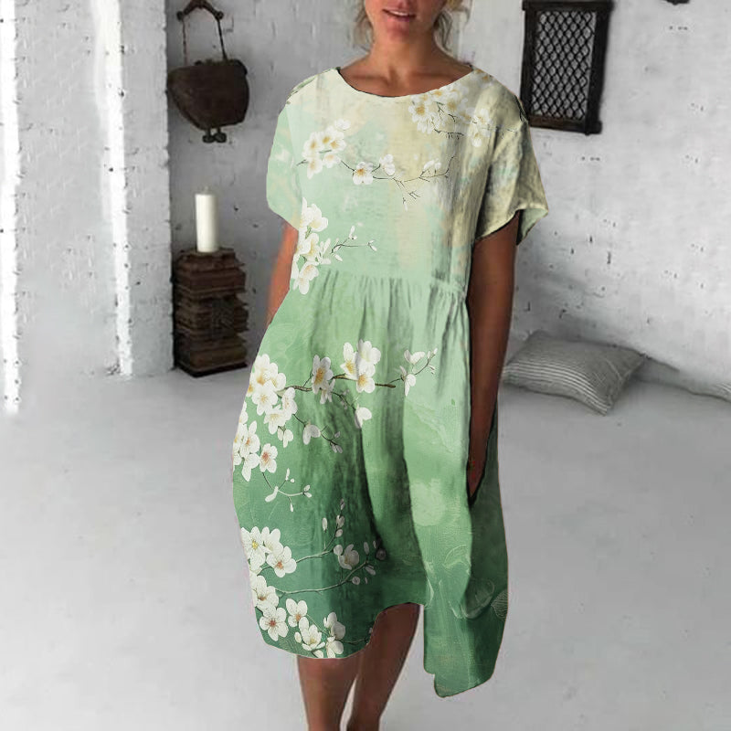 Comstylish Women's Retro Flowers Print Short Sleeve Cozy Midi Dress