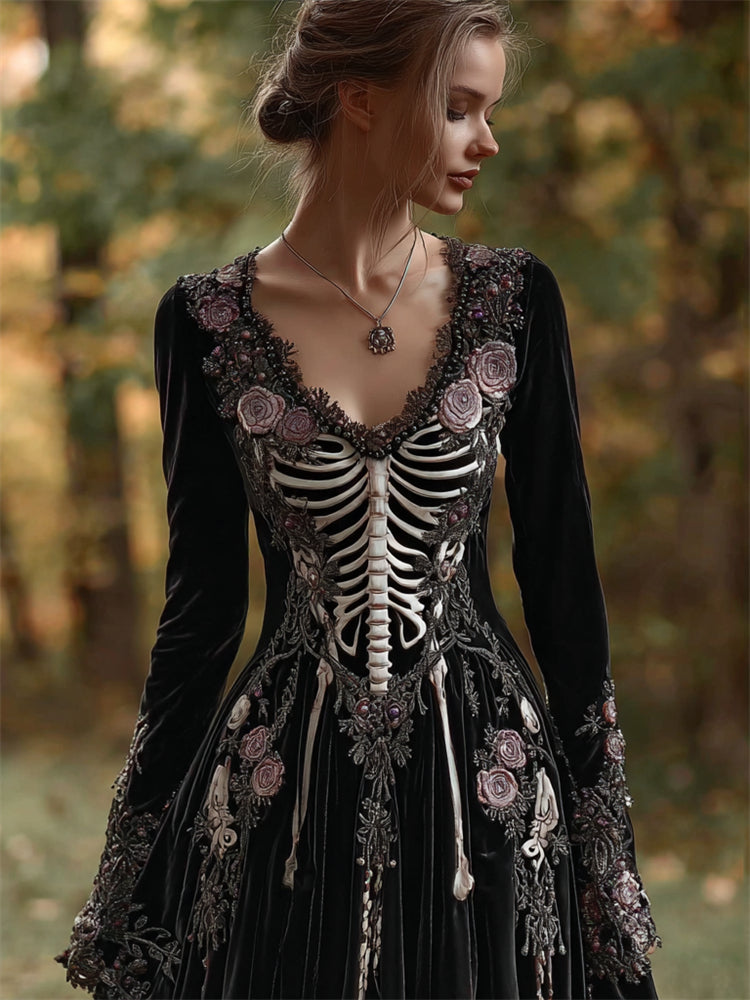 Comstylish Vintage Skeleton Pink Roses Embroidered Velvet Maxi Dress