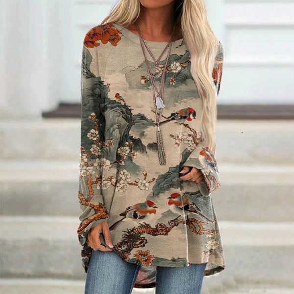Comstylish Retro Japanese Art Flower And Bird Print Casual Tunic